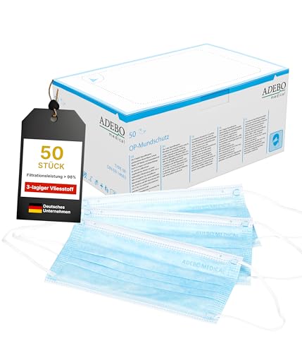 ADEBO Medical® Mundschutz Maske 50 Stück – 3-lagige OP-Maske Typ IIR – Komfortabel, hypoallergen & latexfrei – Fusselfreie Einwegmasken – Blau