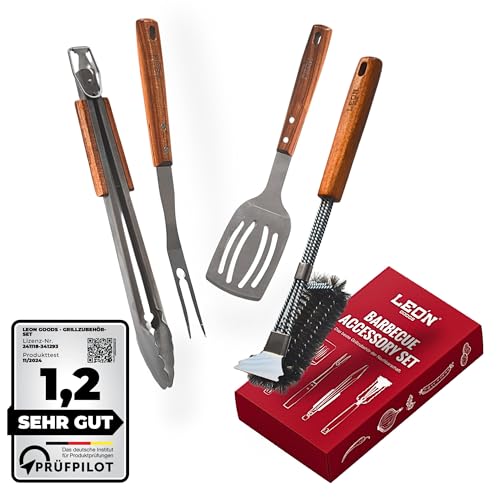 LEÓN Goods® : Grillbesteck Set [+Grillbürste] Grillzange, Grillwender, Grillgabel, Grillreiniger auch für Gasgrill! Grill Geschenkset aus Edelstahl und Akazienholz. (4-TLG.)