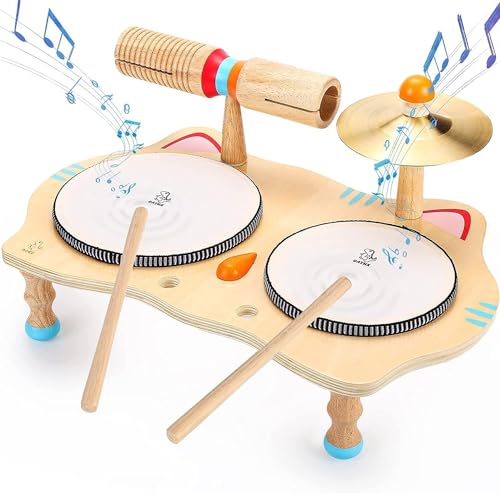 oathx Spielzeug für Kinder aus Holz Musikspielzeug Trommel 6 in 1 Musik Kinderspielzeug Musikinstrumente für Kinder ab 2 Jahr Montessori Baby Toys 3 4 5 Geschenke für Mädchen Jungen Schlagzeug