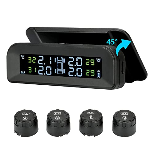 Jansite TPMS Solar-Reifendruckkontrollsystem 22-87 psi, Befestigung an Windschutzscheibe, mit 4 externen Sensoren, Auto-Reifen, kabellos, Echtzeit-Alarmsystem