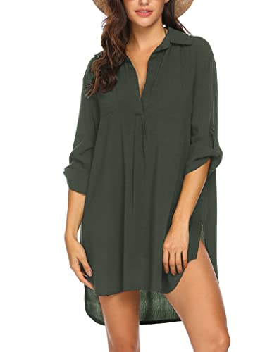 UNibelle Strandkleid Damen Bikini Cover Up Tunika Bluse Lang Strandkleid Damen Shirt Strandponcho Sommer Cuffed Sleeve Shirts Tops Armeegrün, Small