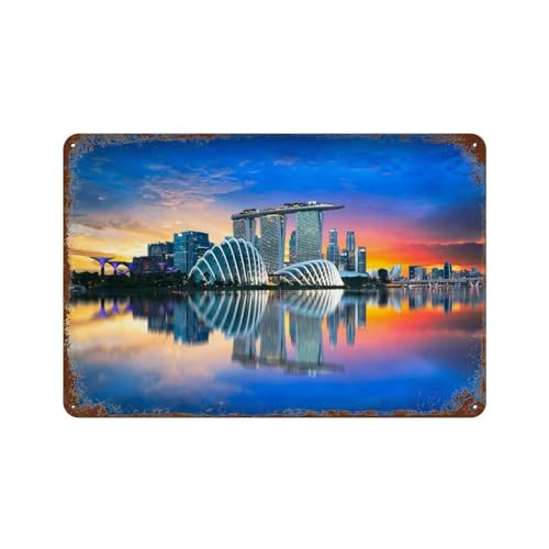 Singapur: Skyline der Stadt im Abendlicht,Metall-Blechschild, motivierende Wanddekorationen für Wohnzimmer, rustikale Wandkunst, Küche, Wandbehang, Schilder, Wandschild,20 x 30 cm (8 x 12 Zoll)-434