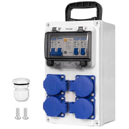 CHENGPI Baustromverteiler,Stromverteiler mit FI Schalter 2P+N 32A, Wandverteiler mit 4 AC Schuko Stecker 250V/16A,Aufputz Verteiler für Bauwesen,Industriell,Draußen