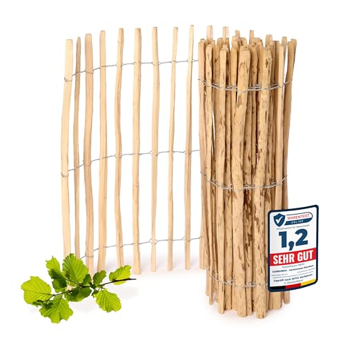 Garronda Gartenzaun zum Stecken aus Haselnüsse Zaun Garten Staketenzaun Beeteinfassung Holz Steckzaun Hochwertiger Gartenzaun für Ihren Garten GD-0079 (Lattenabstand: 3-5 cm, 120 cm x 500 cm)