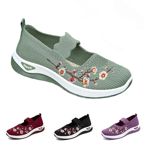Orthopädische Schuhe für Damen, bestickte Blumenschuhe für Damen, gewebte, orthopädische, weiche Schuhe mit Fußgewölbeunterstützung für Krankenschwestern, lässige Wanderschuhe (Green,37)