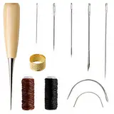 11 Stück Ledernadel Set, Leder Nähset Ledernadeln Hand Leder Werkzeug mit Bohr Ahle Fingerhut und Wachsfaden für Ledertaschen Sofas Segelsitze und Schuhreparaturen