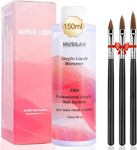MUSILAN Acryl Liquid Monomer 150ml Acryl liquid geruchsarm für Nägel Acrylflüssigkeit mit 3PCS Acryl Pinsel Langsam Härtend Non-Yellowing Acryl Nagelset für Nageldesign in Anfänger und Studio Qualität