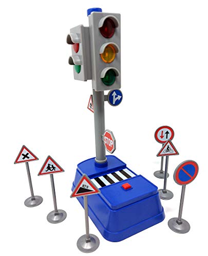 Brigamo Spielzeug Ampel mit Verkehrszeichen, funktionierende Ampelanlage mit Licht & Sound für Auto Spielzeug