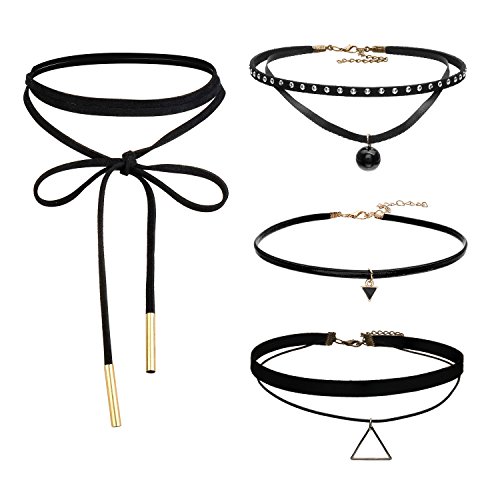 JewelryWe Schmuck 4 Stück Choker Nieten Halsketten Set Velvet Halskette Tattoo Halsband Schwarz Halsband