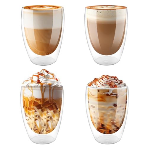 Vexillic Doppelwandige Kaffeegläser, Latte Macchiato Gläser 4er Set 350ml Cappuccino Tassen für Kaffee, Eis, Milch, Saft, Tee