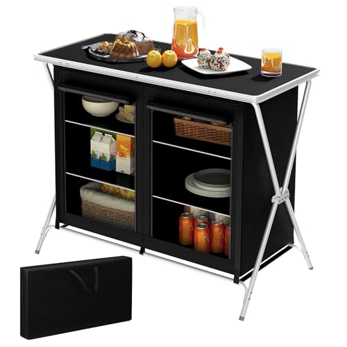 WOLTU Campingschrank faltbar, tragbare Campingküche mit 6 Ablagen 2 Seitentaschen, Outdoor Camping Küche Faltschrank, mit Tragetasche, aus Aluminium, Schwarz, CPT8149sz