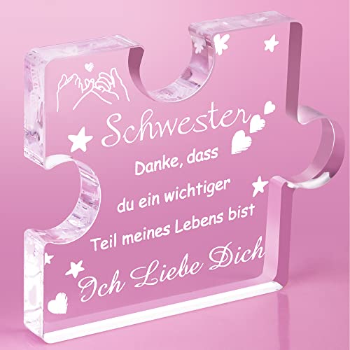 RISFIHEI Schwester Geschenk für Schwester Geburtstag,Geschenke für Schwester-Gravierte Acryl Block Puzzle Schwester,Geschenk Schwester