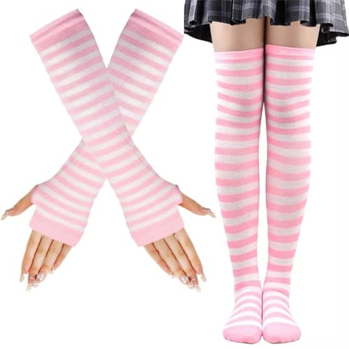 LUKIUP KniestrüMpfe Regenbogen Anzug, Gestreifte Warme Fingerlose Handschuhe Kniehohe Socken Set, Mädchen Damen Extra Lange Socken für Halloween Cosplay Gestreifte Lange Socken(Rosa/Weiß)