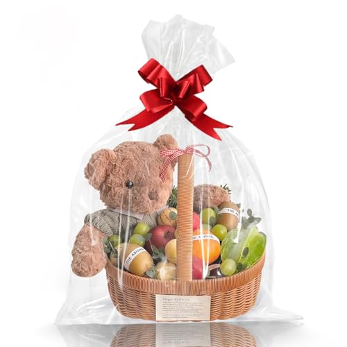 WIKDAY Transparente Geschenktüten, 10 Stück, 40,6 x 61 cm, große Zellophanfolie für Geschenkkörbe, Verpackungsprodukte aus Kunststoff mit Bändern