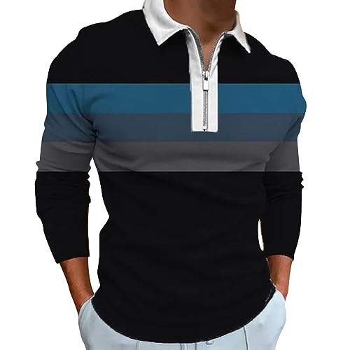 SRZYMJ Poloshirts Herren Lange Poloshirts Kontrastfarbe Ausschnitt Baumwolle Basic T-Shirt Polohemd Sweat t-Shirt Herren Langarm Polo schwarz Baumwolle t Shirt atmungsaktiv Herren Schwarz L