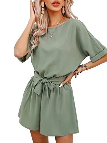 CUPSHE Damen Jumpsuit Rundhals Kurzarm Rückenschlitz Weites bein Kurz Romper mit Taillenschnürung Sommer Hosenanzug Playsuit Grün S