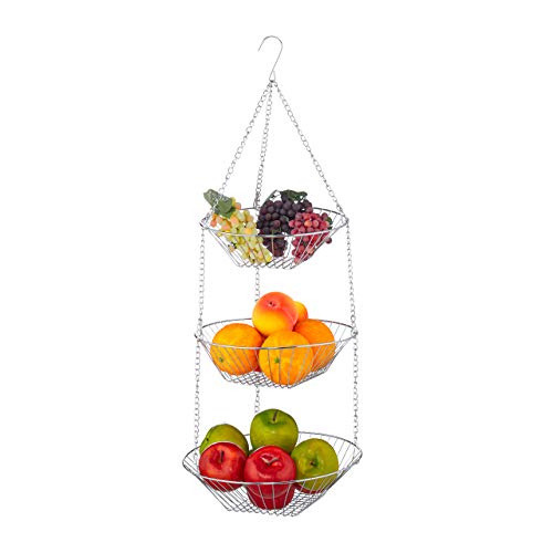 Relaxdays Hängekorb 3 Etagen, hängende Obstkörbe, 3er Etagere für die Decke, Obst, platzsparend in Küche, Stahl, silber, 73 x 28 x 28 cm