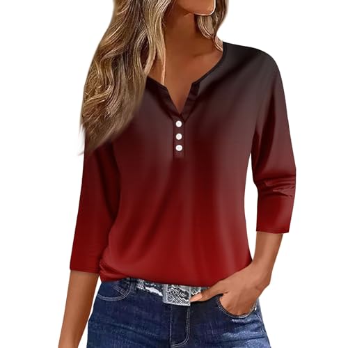 Angebot des Tages Damen Kleidung,Pullover Elegant,3/4 Arm Tshirt Frühling Sommer Pullover Blusen Leichte Basic Tops Casual Oberteile V-Ausschnitt Knopfleiste Shirt,Rot,M