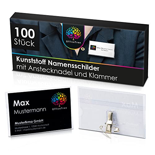 OfficeTree 100 x Namensschilder für Kleidung Clip und Anstecknadel integriert - Kunststoff Namensschild für Visitenkarten - Namenschilderhülle - Transparent