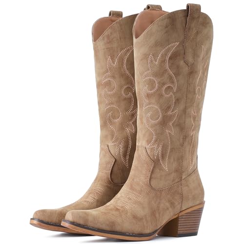 IUV Cowboystiefel für Damen, Western-Cowgirl-Stiefel, wadenhoch, mit klobigem Absatz, spitzer Zehenbereich, CAMEL, 41 EU