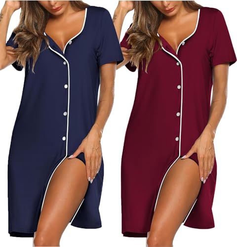 Ekouaer 2er Damen Nachthemd mit Knopfleiste Kurz Nachtkleid Kurzarm Sleepshirt Schlafshirt Baumwolle Geburtskleid Krankenhaus L