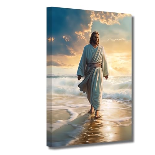 LZIMU Jesus Bild auf Leinwand Jesus geht am Strand Leinwand Bild Gott Poster katholisches Kunstwerk für spirituelle Raum Wanddekoration Gerahmt (3, 40.00x60.00cms)