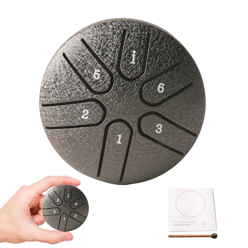 INGPARTNER Stahlzungentrommel, 7,6 cm, 6 Noten, Handtrommeln mit Handpan-Trommelschlägeln, Musikbuch, Klanginstrumente für Musikunterhaltung, Meditation, Yoga, Chakra (Schwertform, schwarz)