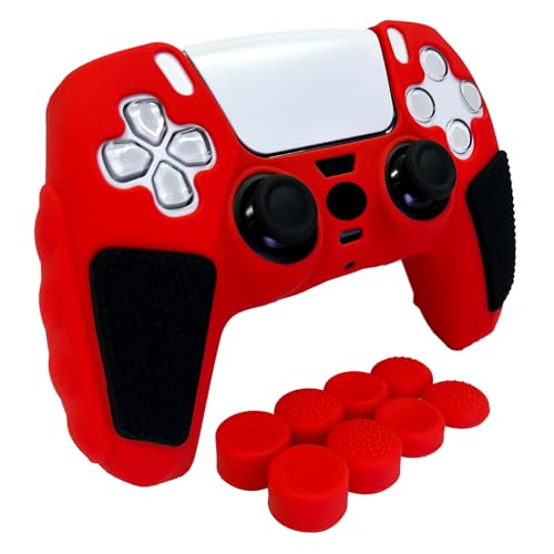 HLRAO Rot & Schwarz Anti-Rutsch-Skin für PS5 Controller, weiche, verdickte, mit Nieten besetzte Schutzhülle aus Silikon, kompatibel mit PS5/Slim/Pro Controller mit 8 Daumengriffkappen.