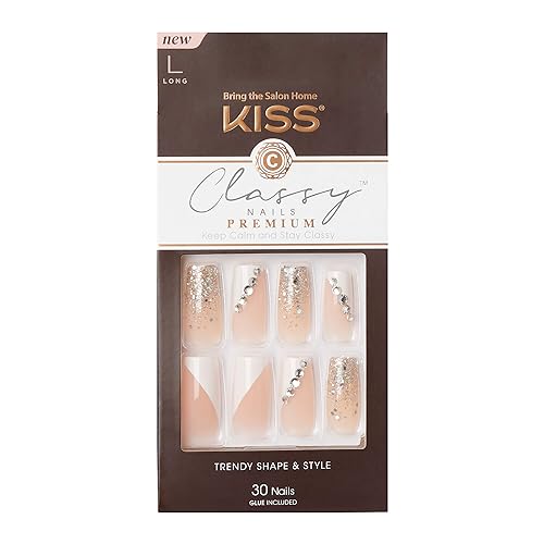 KISS Classy Nails Premium- Gorgeous, Maniküre-Set, lange Länge Coffin, Premium-Kunstnägel, inklusive Nagelkleber, Minifeile, Manikürestäbchen und 30 Kunstnägel