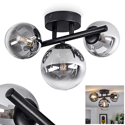 Deckenleuchte Chehalis, moderne Deckenlampe aus Metall/Glas in Schwarz/Rauchfarben, Leuchte im modernen Design mit Schirmen aus Rauchglas, 3-flammig, 3 x G9, ohne Leuchtmittel