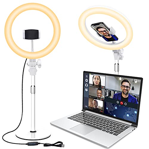 Ringlicht Laptop Videokonferenz Licht, 10,5 Zoll Selfie Ringleuchte mit Stativ und Handyhalter für Handy, Tisch Lichtring LED Ring Light für Live, Vlog, YouTube, TikTok, Make-up (Weiß)