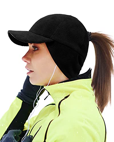 Gisdanchz Winter Basecap Damen Pferdeschwanz Mütze mit Ohrenklappen Laufen Cappy Frauen Kappe Schirmmütze Schildkappe WintermüTZE Damen Warm Women Baseball Cap Ponytail Hat, Schwarz S/M