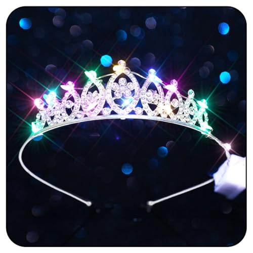 Handcess Leuchtende Diademe und Kronen mit Strass Blumen Silber LED Schmetterlings krone Stirnband Prinzessinnen Kristallen Kostüm Tiara Geburtstags Rave Haarschmuck für Frauen und Mädchen
