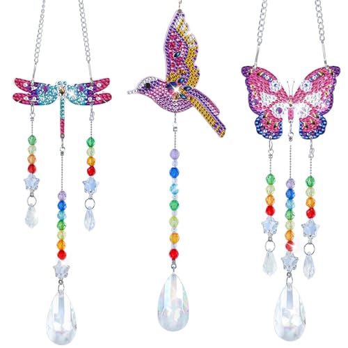 3 Stück Diamond Painting Windspiel Bastelset Kinder Bastelset Kindergeburtstag Diamond Painting Sonnenfänger Bastelset Mädchen 5 6 7 8 9 10 11 12 Jahre (Vögel, Schmetterling, Libelle)