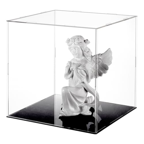 FINGERINSPIRE Klare Acryl Vitrine mit schwarzem Sockel & 4 Stück Gummiringe 26x26x25cm Würfel klar Selbstmontage Acryl Box staubdicht Schutz Vitrine für Action Figuren Sammlerstücke Spielzeug