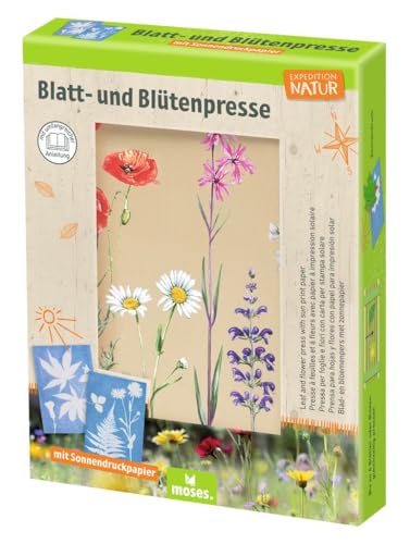 moses. Expedition Natur Blatt- und Blütenpresse mit Sonnendruckpapier, Blumenpresse für Kinder, Pflanzenpresse aus Holz zum Konservieren von Blüten und Blättern, mit 2 Klettverschlussschlaufen