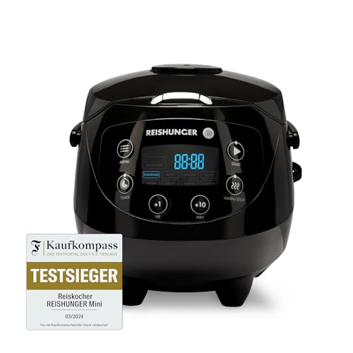 REISHUNGER Digitaler Reiskocher klein, schwarz | 0,6 L bis 3 Personen | Warmhaltefunktion, Timer & Premium Topf | Kleiner Multikocher & Dampfgarer, 8 Programme, 7-Phasen-Technologie