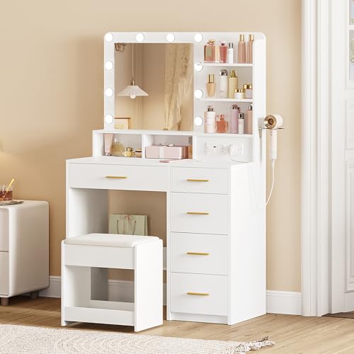 Hzuaneri Schminktisch mit 10 LED-Lichtkugeln, 3 Farben, Schminktisch mit Stecker Und Großem Spiegel, Hocker Und Haartrocknerhalter, Dressing Table mit Mehreren Schubladen, Weiß DT39003X