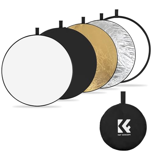 K&F Concept 5-in-1 Reflektor Fotografie-Kit, Faltreflektor mit Aufbewahrungstasche (110 cm), Durchscheinend, Silber, Gold, Weiß und Schwarz Runde Reflektoren für Fotografie