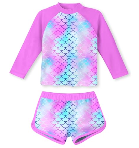 ALISISTER 2teiliges Langarm Badeoutfit für Mädchen 3-4 Jahre Meerjungfrau Schwimmbekleidung mit UV-Schutz für den Sommer Strand Lila