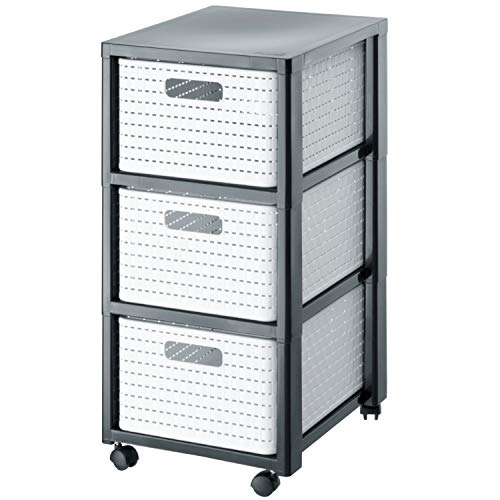 Rotho Country Rollcontainer mit 3 Schubladen in Rattan-Optik, Kunststoff (PP) BPA-frei, weiss, 3 x A4/18l (37.5 x 32.5 x 71.2 cm)