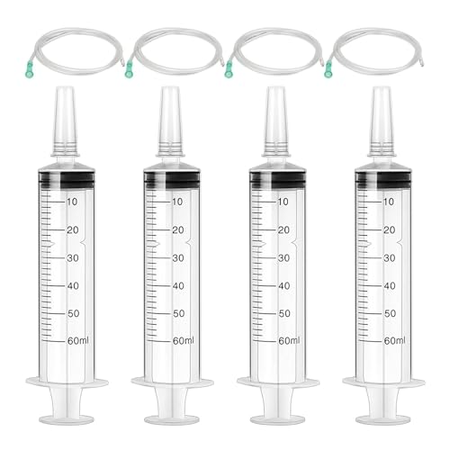 4 Stück Spritzen 60ml, Plastikspritze mit Schlauch Wiederverwendbare Kolostrum Spritze, Einzeln versiegelte Verpackung, für Labor,Tierfütterung, Pflanzenbewässerung, Messflüssigkeiten