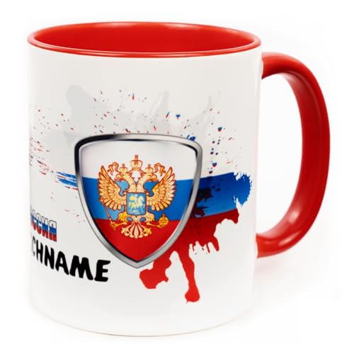 Russland Tasse mit Namen personalisiert Russia Россия Wappen Русский russische Flagge Fahnen Fanartikel Produkte 2025 Getränke Becher Geschenk Mann Frau Geburtstag Fussball Produkte Keramik 330 ml