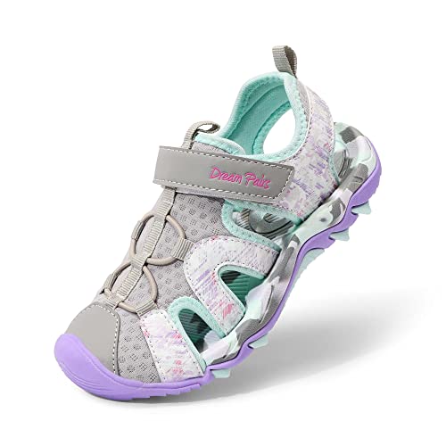 DREAM PAIRS Mädchen Sandalen Sommer Sportsandalen Outdoor Strandsandalen Offene Zehen Sportsandalen mit Klettverschluss Atmungsaktiv und Verschleißfest,Size 29,Hellgrau/Lila,SDAS2305K-E