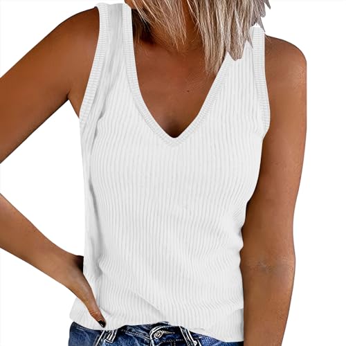 Strick Damen Tank Top Sommer Gestrickt Ribbed Einfarbig Cami Oberteile Ärmellose V Ausschnitt Shirt Blusen Top Tunika Damen Strand Bluse Strand Bluse Oberteile Lässiges Shirt locker