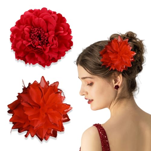 KSJEHW 2 Stücke Chiffon Blumen Blütenblatt Haar Clip Barrettes Zubehör Alligator Clip Mädchen Headwear Kopfschmuck Blume Mädchen Frauen Party Strand Hochzeit Hawaiian Flowers Haarclip(Rot