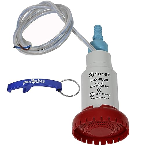eine Comet LUX-PLUS Tauchpumpe Wasserpumpe mit Rückschlagventil + Filter 12V 19 Liter für Wohnmobil Wohnwagen Caravan Camping Boot im Set mit pro-Styling Schlüsselanhänger