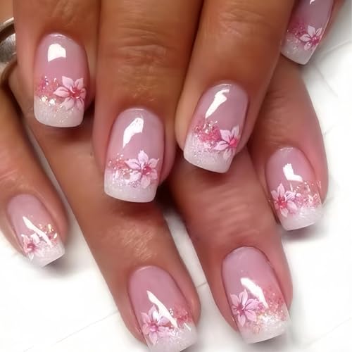 Calkkrer press on nail kurze Quadratische Falschnagel mit Blumen-Design, Nude Pink Glanz, vollständig abdeckend, Klebe-Nagel, funkelnde Sequins, Acrylnagel.