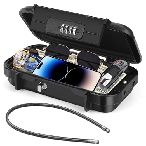 Tragbarer Tresor,Ambesty Geldkassette Zahlenschloss Wasserdicht,Mini Safe Tresor mit 6MM Dicker Abnehmbarem Drahtseil,Sichert Wertsachen auf Reisen, am Strand, beim Camping, im Büro, Autos