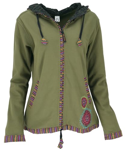 GURU SHOP Nepal Ethno Jacke, Bestickte Boho Jacke - Olivgrün, Damen, Baumwolle, Size:XL